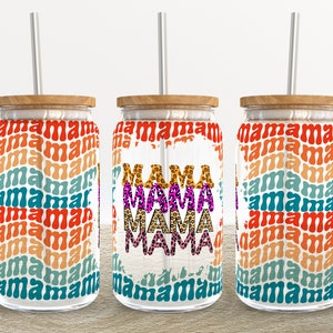Leopard Mama Retro | 16 oz Libbey Glass Can Tumbler Sublimation Design - Coffee Beer Glass Wrap Template - Design Digital Download PNG