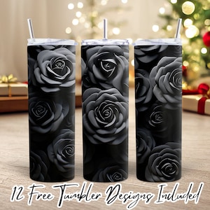 3D Black Roses Seamless 20 oz Skinny Tumbler Sublimation Design Template, Straight Tumbler Wraps for Children, Instant Download PNG
