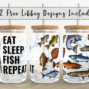 Eat Sleep Fish Repeat | 16 oz Libbey Glass Can Tumbler Sublimation Design - Coffee Beer Glass Wrap Template - Design Digital Download PNG