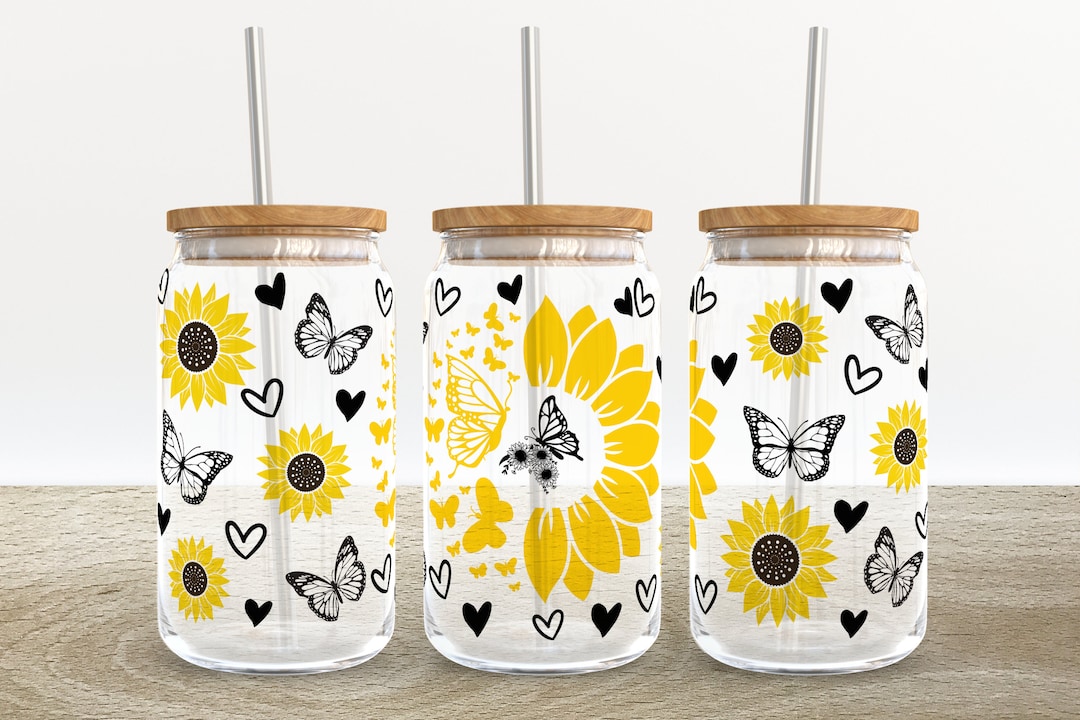 Sunflower Butterfly 16 Oz Libbey Glass Can Tumbler Sublimation Design ...