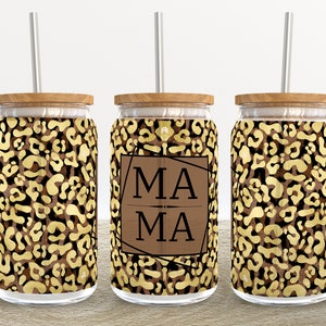 Rose Gold Leopard Mama | 16 oz Libbey Glass Can Tumbler Sublimation Design - Coffee Beer Glass Wrap Template - Design Digital Download PNG