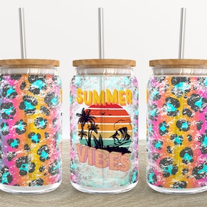 Summer Vibes Retro 80&#39;s | 16 oz Libbey Glass Can Tumbler Sublimation Design - Coffee Beer Glass Wrap Template - Design Digital Download PNG