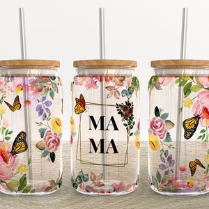 MAMA - Floral Butterfly | 16 oz Libbey Glass Can Tumbler Sublimation Design - Coffee Beer Glass Wrap Template - Design Digital Download PNG