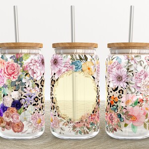 Blank Floral Leopard | 16 oz Libbey Glass Can Tumbler Sublimation Design - Coffee Beer Glass Wrap Template - Design Digital Download PNG