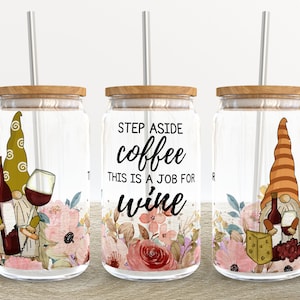 Wine Gnomes Floral | 16 oz Libbey Glass Can Tumbler Sublimation Design - Coffee Beer Glass Wrap Template - Design Digital Download PNG