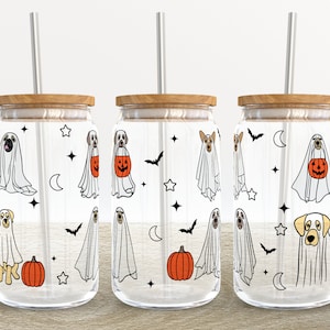 Сute Ghost Dog Halloween | 16 oz Libbey Glass Can Tumbler Sublimation Design - Coffee Beer Glass Wrap Template - Design Digital Download PNG
