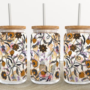 Boho Floral Seamless | 16 oz Libbey Glass Can Tumbler Sublimation Design - Coffee Beer Glass Wrap Template - Design Digital Download PNG
