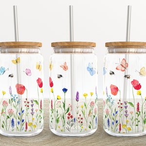 Wildflower Butterfly | 16 oz Libbey Glass Can Tumbler Sublimation Design - Coffee Beer Glass Wrap Template - Design Digital Download PNG