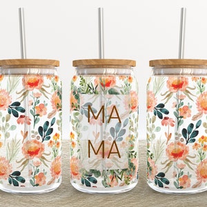 MAMA Flower Floral Mom | 16 oz Libbey Glass Can Tumbler Sublimation Design - Coffee Beer Glass Wrap Template - Design Digital Download PNG
