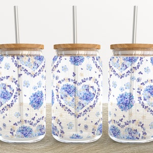 Hydrangea Garden Heart | 16 oz Libbey Glass Can Tumbler Sublimation Design - Coffee Beer Glass Wrap Template - Design Digital Download PNG