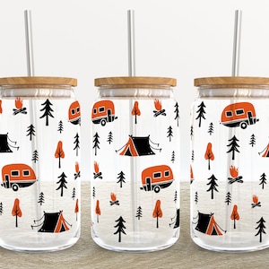 Camping Caravan Forest | 16 oz Libbey Glass Can Tumbler Sublimation Design - Coffee Beer Glass Wrap Template - Design Digital Download PNG