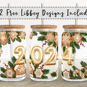 2024 Christmas New year | 16 oz Libbey Glass Can Tumbler Sublimation Design - Coffee Beer Glass Wrap Template - Design Digital Download PNG
