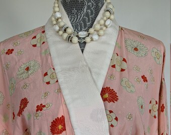 Original Traditional Japanese Vintage Nagajuban Red and White Silk Kimono Handmade Hand stitched 1960/'s Silk Boho Hippie silk Lined robe