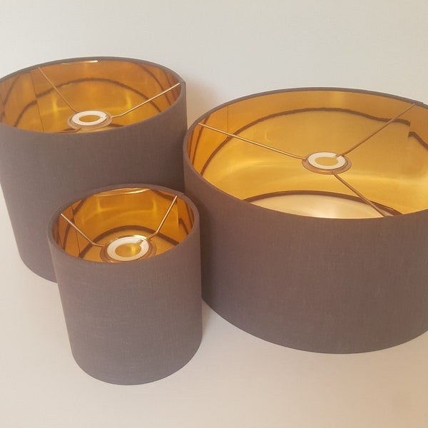 Gorgeous Drum or Cylindrical linen lampshades with mirrored gold lining