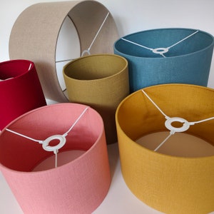 Drum and cylinder shaped Duo Linen lampshades with matching Linen lining image 1