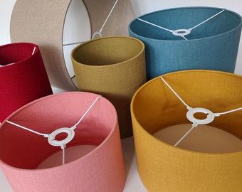 Drum and cylinder shaped "Duo" Linen lampshades with matching Linen lining