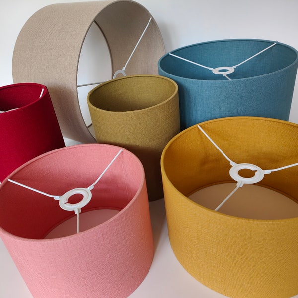 Drum and cylinder shaped "Duo" Linen lampshades with matching Linen lining