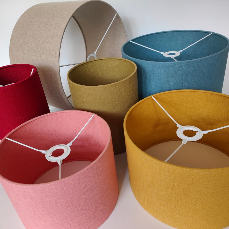 Drum and cylinder shaped Duo Linen lampshades with matching Linen lining image 1