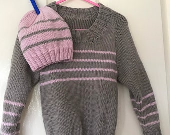 Unisex toddler jumper / sweater with boat neck and matching Beanie.  Various colours available.