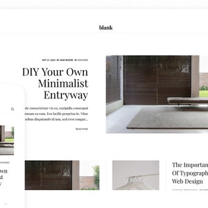 Op de afbeelding: Een schermafbeelding van een website die een blogpost toont met de titel "DIY Your Own Minimalist Entryway" met een foto van een moderne entree met een groot raam en een bank. De website toont ook een blogpost met de titel "Het belang van typografie in webdesign" met een foto van een witte achtergrond met hangers.