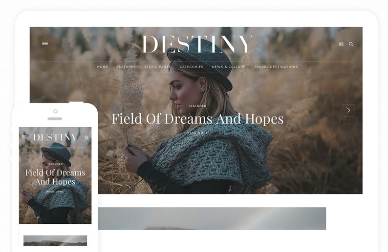 Blogger Template Responsive Destiny Blog Design Customizable Blog Theme Clean, Minimal premade blogger theme slider drop down image 2