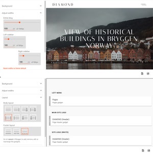 Op de afbeelding: Een website-ontwerptemplate voor een blog over historische gebouwen in Bryggen, Noorwegen. De template heeft een grote kopfoto van kleurrijke gebouwen langs een waterkant, met de tekst "VIEW OF HISTORICAL BUILDINGS IN BRYGGEN, NORWAY" over de foto heen. De template bevat ook een linkerzijbalk met een menu voor pagina's en een hoofdsitelogo.