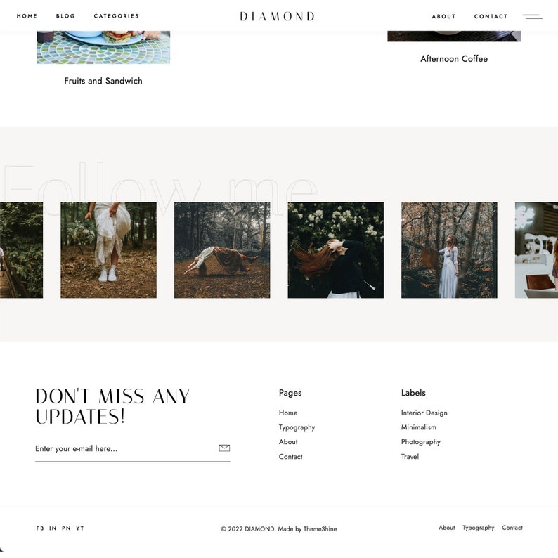 Op de afbeelding: Homepage van de website voor DIAMOND, een blog over interieurdesign, minimalisme, fotografie en reizen. De website heeft een call-to-action om je aan te melden voor de e-maillijst van de blog.