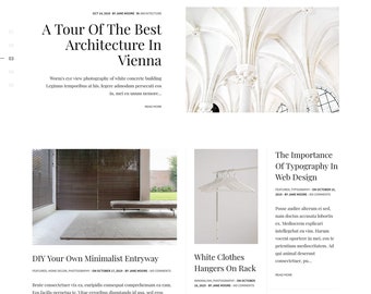 En blanco: plantilla responsiva de Blogger, tema minimalista de Blogger con barra lateral fija, diseño de 3 columnas de Masonry Grid Blogger