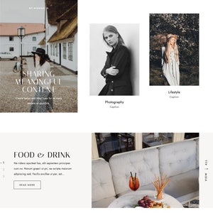Op de afbeelding: Een schermafbeelding van een website met verschillende afbeeldingen en tekst. De tekst bevat de woorden "My Mission Is", "Sharing Meaningful Content", "Create better everyday lives for as many people as possible", "Photography", "Lifestyle", "Food & Drink", "Ne ridens oporteat has, elit sapientem principes cum no. Novum graeci ut pri, ea scripta maiorum adipiscing sed. Facilis ancillae ut per, est...", "Read More" en "View All".