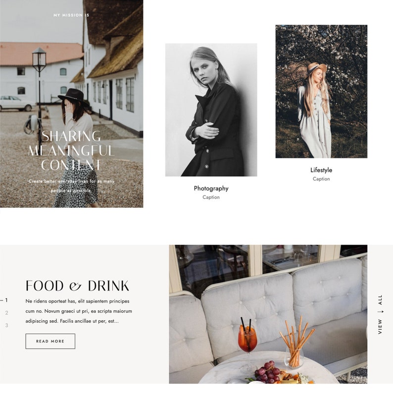 Op de afbeelding: Een schermafbeelding van een website met verschillende afbeeldingen en tekst. De tekst bevat de woorden "My Mission Is", "Sharing Meaningful Content", "Create better everyday lives for as many people as possible", "Photography", "Lifestyle", "Food & Drink", "Ne ridens oporteat has, elit sapientem principes cum no. Novum graeci ut pri, ea scripta maiorum adipiscing sed. Facilis ancillae ut per, est...", "Read More" en "View All".