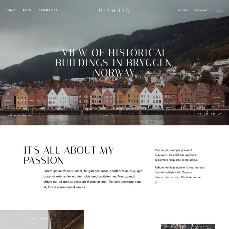 Op de afbeelding: Een uitzicht op kleurrijke historische gebouwen in Bryggen, Noorwegen, met een waterkant en bergen op de achtergrond. De tekst "VIEW OF HISTORICAL BUILDINGS IN BRYGGEN, NORWAY" wordt weergegeven in wit op een donkergrijze achtergrond.