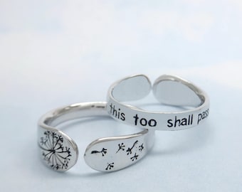 Inspirational Ring, Cute Jewelry for Her, Inspiration Gift Mom, Dandelion Ring, Jewelry to Inspire, "This too Shall Pass" Boho Band
