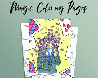 May include: A black and white colouring page of a man in a suit with playing cards raining down on him. The background is yellow with playing cards scattered around. The text 'Magic Coloring Pages' is at the top of the page.