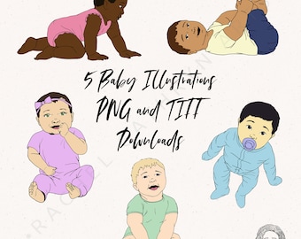 May include: Five illustrations of babies in different poses. The babies are drawn in a cartoon style and have different skin tones. The illustrations are in PNG and TIFF format.