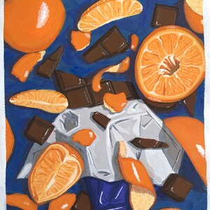 May include: A painting of oranges and chocolate on a blue background. The oranges are cut in half and in slices. The chocolate is in bars and pieces. The painting is signed "Rachel Catron 3/14/21".