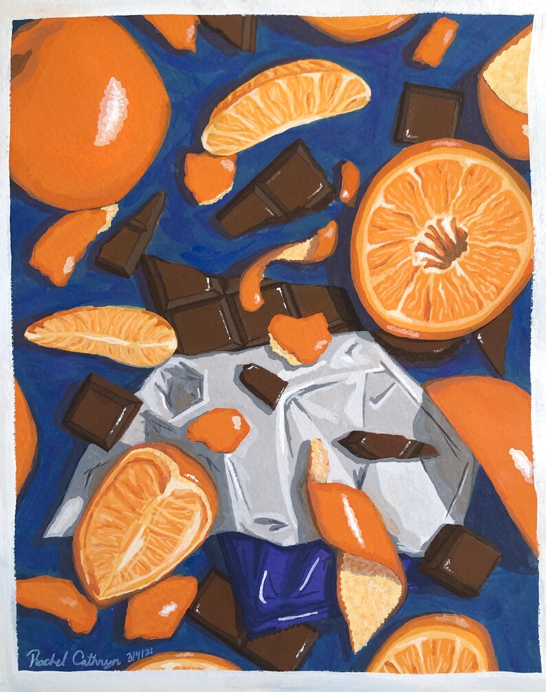 May include: A painting of oranges and chocolate on a blue background. The oranges are cut in half and in slices. The chocolate is in bars and pieces. The painting is signed "Rachel Catron 3/14/21".