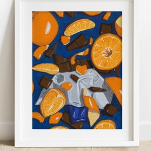 May include: A painting of a still life featuring oranges and chocolate. The oranges are peeled and scattered on a blue background. The chocolate is wrapped and broken into pieces.