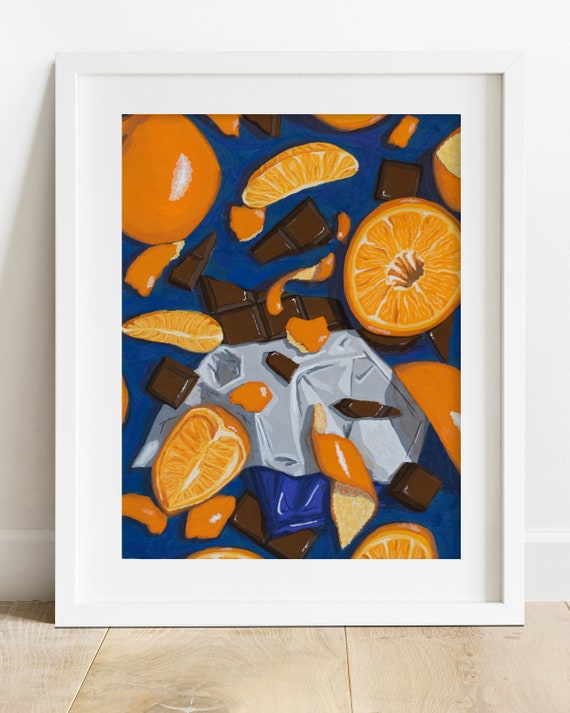 Oranges and Chocolate GOUACHE ILLUSTRATION PRINT 8x10 inches | Complimentary Colors Food Artwork | Blue and Orange Gouache Painting | Gift