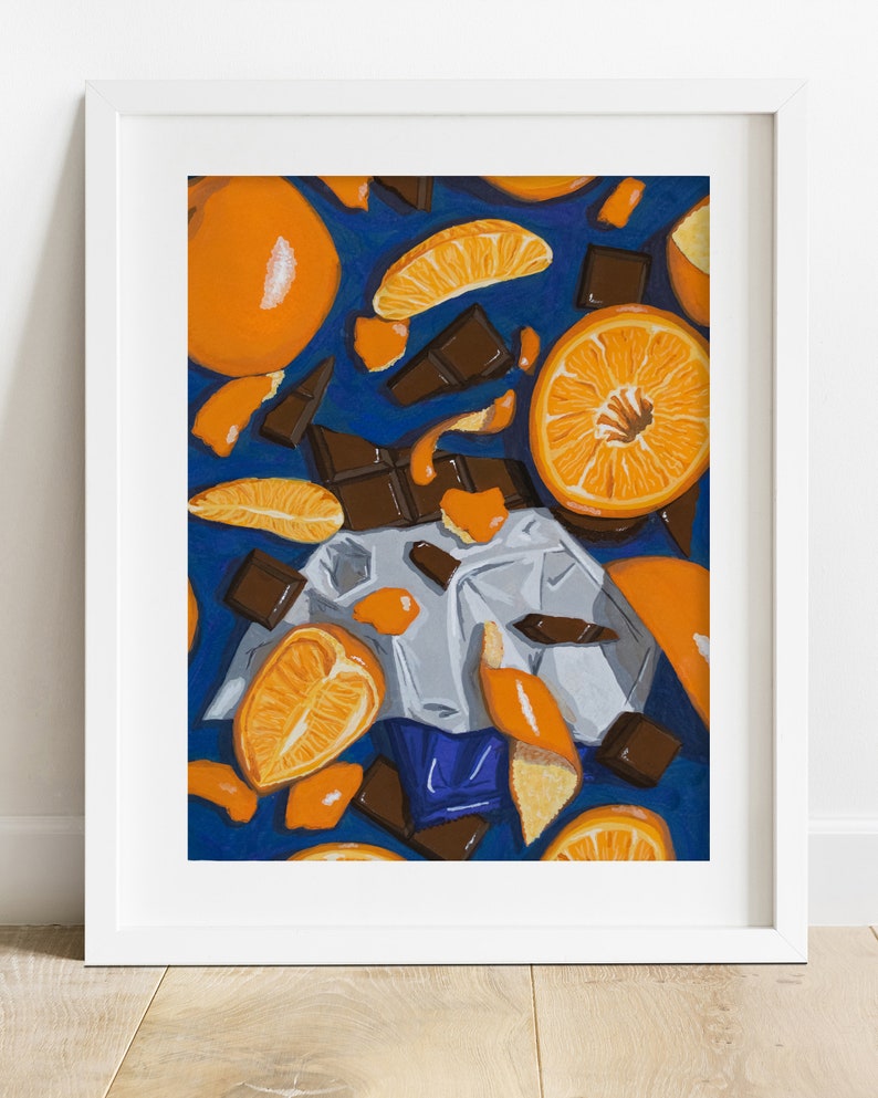May include: A painting of a still life featuring oranges and chocolate. The oranges are peeled and scattered on a blue background. The chocolate is wrapped and broken into pieces.