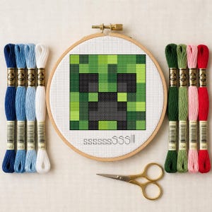 May include: A cross-stitch kit featuring a wooden embroidery hoop with a pixelated green and black creeper face design and the text SSSSSSSS!!!, accompanied by eight skeins of embroidery floss in blue, white, green, pink, and red, and scissors.