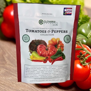 May include: A resealable bag of 19 varieties of tomato and pepper seeds from Clovers Garden Seeds. The bag is red and features a green clover logo. The text "TOMATOES & PEPPERS COLLECTION" is printed in white on the bag. The bag is non-GMO and includes a list of the different varieties of seeds included.