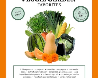 May include: A colorful image of fresh vegetables, including a watermelon, squash, and corn, with the text "Veggie Garden Favorites." The image also includes a list of 29 varieties of seeds, and the text "Non GMO."