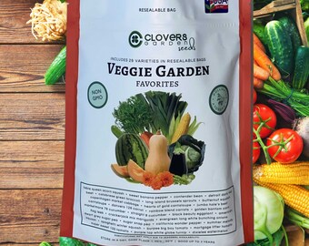 May include: A white resealable bag with a red border, featuring a green clover logo and the text "CLOVERS GARDEN seeds". The bag contains 29 varieties of non-GMO veggie garden seeds, including squash, pepper, beans, carrots, and more. The bag is labeled "VEGGIE GARDEN FAVORITES" and includes a list of the seeds included.