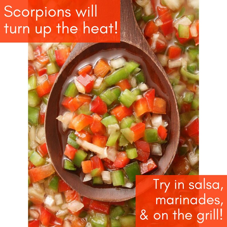 May include: Close-up of a wooden spoon filled with chopped red and green peppers. The text "Scorpions will turn up the heat!" is at the top of the image. The text "Try in salsa, marinades, & on the grill!" is at the bottom of the image.