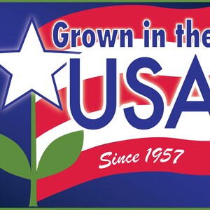 May include: A blue and red American flag with a white star and a green plant growing from the bottom. The text "Grown in the USA Since 1957" is written on the flag.
