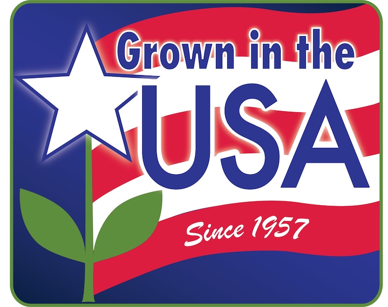 May include: A blue and red American flag with a white star and a green plant growing from the bottom. The text "Grown in the USA Since 1957" is written on the flag.