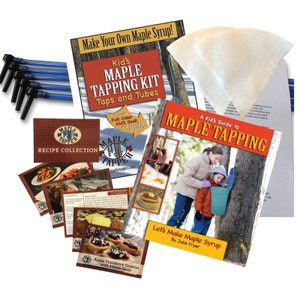 May include: A maple syrup tapping kit for kids, featuring a full-color kid's book, taps, tubes, a filter, and recipe cards. The book cover shows a child and adult tapping a maple tree. The kit includes instructions for making maple syrup.