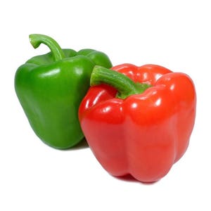 May include: A green bell pepper and a red bell pepper. Both peppers are whole and have their stems intact.
