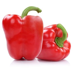 May include: Two bright red bell peppers, one with the stem pointing up and the other with the stem pointing to the side.