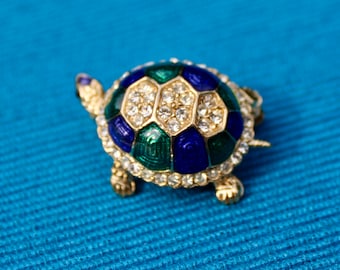 Vintage Tortoise Brooch with Swarovski Rhinestones and Enamel